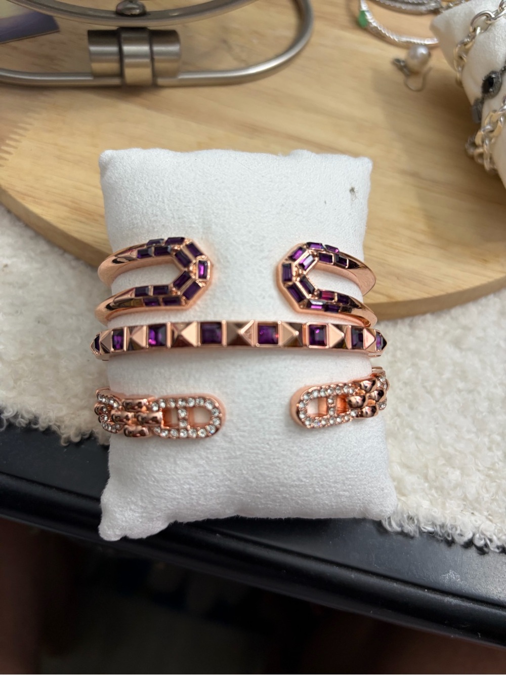 Bomb Party Stack Rose Gold and Purple Crystal Cuff Bracelet Set